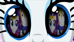 Size: 1280x720 | Tagged: safe, artist:rarityvrymercollectiveoriginals, artist:rarityvrymerzhmusic, imported from derpibooru, screencap, prince blueblood, rarity, magical mystery cure, season 1, season 3, the best night ever, close-up, clothes, dress, eye reflection, female, gala dress, male, rariblood, reflection, shipping, solo, straight