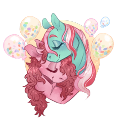 Size: 1800x1900 | Tagged: safe, artist:pavlovsdrug, derpibooru exclusive, imported from derpibooru, minty, pinkie pie, pony, balloon, bust, duo, female, g3, g4, lesbian, mintypie, party balloon, redraw, shipping, transparent