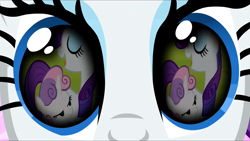Size: 1280x720 | Tagged: safe, artist:rarityvrymercollectiveoriginals, artist:rarityvrymerzhmusic, editor:rarity vrymer collective, imported from derpibooru, screencap, rarity, sweetie belle, magical mystery cure, season 2, season 3, sisterhooves social, eye reflection, eyes closed, half-closed eyes, mid-blink screencap, reflection