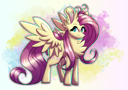 Size: 4093x2894 | Tagged: safe, alternate version, artist:xneodrago, imported from derpibooru, fluttershy, pegasus, pony, abstract background, blushing, chest fluff, ear fluff, eyelashes, female, high res, mare, solo, wings