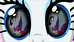 Size: 1280x720 | Tagged: safe, artist:rarityvrymercollectiveoriginals, artist:rarityvrymerzhmusic, editor:rarity vrymer collective, imported from derpibooru, screencap, opalescence, rarity, cat, pony, unicorn, magical mystery cure, season 2, season 3, sweet and elite, eye reflection, female, mare, reflection