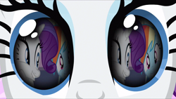 Size: 1280x720 | Tagged: safe, artist:rarityvrymercollectiveoriginals, artist:rarityvrymerzhmusic, imported from derpibooru, screencap, rainbow dash, rarity, pegasus, pony, unicorn, a canterlot wedding, magical mystery cure, season 2, season 3, eye reflection, female, lesbian, mare, multicolored hair, multicolored mane, raridash, reflection, shipping, solo, tail