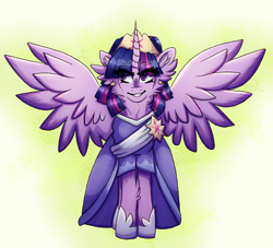 Size: 3192x2894 | Tagged: safe, artist:xneodrago, imported from derpibooru, twilight sparkle, alicorn, pony, the last problem, abstract background, blushing, clothes, coronation dress, crown, dress, ear fluff, ear piercing, eyelashes, female, high res, hoof shoes, horn, jewelry, mare, piercing, regalia, second coronation dress, solo, spread wings, twilight sparkle (alicorn), wings