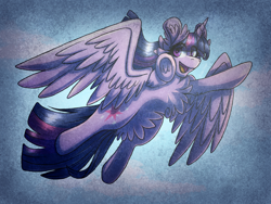 Size: 1600x1200 | Tagged: safe, artist:xneodrago, imported from derpibooru, twilight sparkle, alicorn, pony, abstract background, chest fluff, ear fluff, eyelashes, female, flying, frog (hoof), horn, mare, open mouth, smiling, solo, traditional art, twilight sparkle (alicorn), underhoof, wings