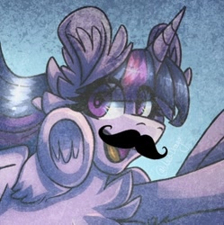 Size: 473x474 | Tagged: safe, artist:xneodrago, edit, imported from derpibooru, twilight sparkle, alicorn, pony, abstract background, chest fluff, ear fluff, eyelashes, facial hair, female, flying, frog (hoof), horn, mare, moustache, open mouth, smiling, solo, traditional art, twilight sparkle (alicorn), underhoof, wings