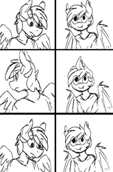 Size: 627x951 | Tagged: safe, artist:replica, imported from derpibooru, oc, oc only, oc:nolegs, oc:summer scorch, anthro, bat pony, pegasus, bat pony oc, bat wings, clothes, comic, cute, cute little fangs, digital art, duo, fangs, female, looking at each other, looking back, male, monochrome, scorchlegs, sketch, spread wings, straight, wings