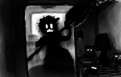 Size: 1686x1080 | Tagged: safe, artist:replica, imported from derpibooru, oc, oc only, oc:replica, anthro, earth pony, digital art, female, horror, horror game, monochrome, phasmophobia, solo, solo female, walkie talkie, when you see it