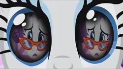 Size: 1280x720 | Tagged: safe, artist:rarityvrymercollectiveoriginals, artist:rarityvrymerzhmusic, editor:rarity vrymer collective, imported from derpibooru, screencap, rarity, magical mystery cure, season 1, season 3, suited for success, carousel boutique, eye reflection, glasses rarity, mannequin, open mouth, reflection, self ponidox, shocked