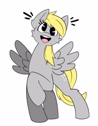 Size: 2327x3000 | Tagged: safe, artist:whygena, imported from derpibooru, derpy hooves, pegasus, pony, blushing, cute, derpabetes, female, happy, high res, mare, open mouth, pac-man eyes, pacman eyes, raised hoof, simple background, solo, spread wings, white background, wings