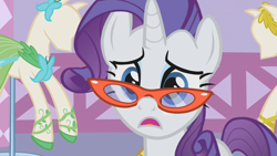Size: 1280x720 | Tagged: safe, artist:rarityvrymercollectiveoriginals, artist:rarityvrymerzhmusic, editor:rarity vrymer collective, imported from derpibooru, screencap, rarity, season 1, suited for success, carousel boutique, glasses rarity, mannequin, measuring tape, open mouth, shocked