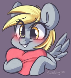 Size: 1311x1429 | Tagged: safe, artist:sakukitty, imported from derpibooru, derpy hooves, pegasus, pony, blushing, cute, derpabetes, female, grin, heart, mare, smiling, solo