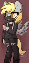 Size: 1005x2161 | Tagged: safe, artist:sakukitty, imported from derpibooru, part of a set, derpy hooves, semi-anthro, bipedal, cellphone, choker, clothes, colored pupils, face mask, hoof hold, mask, phone, solo, spread wings, wings