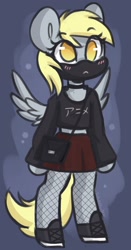 Size: 1260x2400 | Tagged: safe, artist:sakukitty, imported from derpibooru, part of a set, derpy hooves, semi-anthro, bag, bipedal, choker, clothes, cute, derpabetes, face mask, fishnets, mask, no pupils, skirt, solo, spread wings, wings