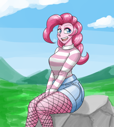 Size: 1300x1450 | Tagged: safe, artist:zachc, imported from derpibooru, pinkie pie, equestria girls, clothes, denim shorts, female, fishnet clothing, fishnet pantyhose, fishnets, looking at you, shorts, sitting, socks, solo, striped sweater, sweater, thigh highs