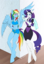 Size: 1714x2500 | Tagged: safe, artist:pony straponi, artist:st. oni, imported from derpibooru, rainbow dash, rarity, anthro, pegasus, unguligrade anthro, unicorn, abs, clothes, colored, commission, duo, female, flat colors, full body, gym, gym uniform, leotard, lesbian, muscles, rainbuff dash, raridash, shipping, shorts, sports panties, sports shorts, towel, wings