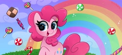 Size: 4096x1841 | Tagged: source needed, useless source url, safe, artist:kittyrosie, imported from derpibooru, pinkie pie, earth pony, pony, blushing, candy, cloud, cookie, cute, diapinkes, female, food, high res, lollipop, mare, open mouth, rainbow, solo, starry eyes, wallpaper, wingding eyes