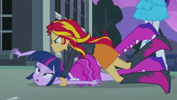 Size: 3410x1920 | Tagged: safe, imported from derpibooru, screencap, rarity, sunset shimmer, twilight sparkle, equestria girls, equestria girls (movie), bare shoulders, boots, canterlot high, clothes, fall formal outfits, female, lidded eyes, night, offscreen character, open mouth, out of context, shoes, sleeveless, strapless, twilight ball dress