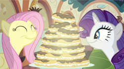 Size: 1280x720 | Tagged: safe, artist:rarityvrymercollectiveoriginals, artist:rarityvrymerzhmusic, editor:rarity vrymer collective, imported from derpibooru, screencap, fluttershy, rarity, mmmystery on the friendship express, season 2, eclair, eyes closed, food, smiling, train