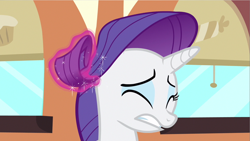 Size: 1280x720 | Tagged: safe, artist:rarityvrymercollectiveoriginals, artist:rarityvrymerzhmusic, editor:rarity vrymer collective, imported from derpibooru, screencap, rarity, pony, unicorn, mmmystery on the friendship express, season 2, eyes closed, female, friendship express, hair pulling, magic, mare, train