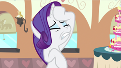 Size: 1280x720 | Tagged: safe, artist:rarityvrymercollectiveoriginals, artist:rarityvrymerzhmusic, editor:rarity vrymer collective, imported from derpibooru, screencap, rarity, unicorn, mmmystery on the friendship express, season 2, cake, eyes closed, fainting couch, food, marzipan mascarpone meringue madness, train