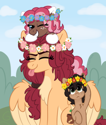 Size: 2000x2350 | Tagged: safe, artist:pink-pone, imported from derpibooru, oc, oc only, oc:cinnamon sticks, oc:ginger bread, oc:heather, pegasus, pony, chest fluff, colt, female, filly, floral head wreath, flower, high res, male, mare, tongue out