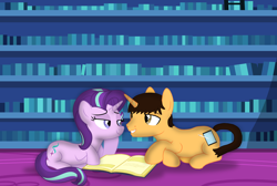 Size: 9000x6040 | Tagged: safe, artist:brandonthebronypony2, imported from derpibooru, starlight glimmer, oc, oc:brandon, pony, unicorn, book, duo, female, library, male