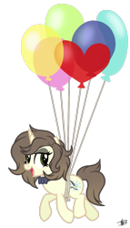 Size: 703x1231 | Tagged: safe, artist:princessmoonsilver, imported from derpibooru, oc, oc only, oc:eugely, pony, unicorn, balloon, bowtie, female, mare, party balloon, simple background, solo, transparent background