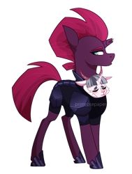 Size: 1280x1694 | Tagged: safe, artist:primrosepaper, imported from derpibooru, oc, oc:stormie, oc:stormie berrytwist, hybrid, pony, unicorn, baphomet, broken horn, carrying, horn, hybrid offspring, interspecies offspring, mohawk, offspring, parent:storm king, parent:tempest shadow, parents:stormpest, simple background, sleeping, solo, storm king armor, transparent background