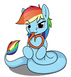 Size: 4400x4800 | Tagged: safe, artist:dacaoo, imported from derpibooru, rainbow dash, lamia, original species, bedroom eyes, forked tongue, heart, lamiafied, long tongue, looking at you, rainbow coils, simple background, solo, species swap, tail fluff, tongue out, transparent background