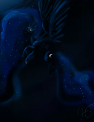 Size: 1090x1414 | Tagged: safe, artist:hollymidnight14, imported from derpibooru, princess luna, alicorn, pony, ethereal mane, female, flowing mane, horn, looking up, moonlight, night, sky, solo, spread wings, starry mane, wings