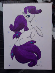 Size: 756x1008 | Tagged: safe, artist:bella-mia-d, imported from derpibooru, rarity, pony, seapony (g4), unicorn, blue eyes, bubble, dorsal fin, eyelashes, female, flowing mane, flowing tail, horn, looking up, seaponified, seapony rarity, simple background, solo, species swap, white background