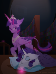 Size: 1200x1600 | Tagged: safe, artist:willoillo, imported from derpibooru, rarity, twilight sparkle, alicorn, pony, unicorn, fanfic:the enchanted library, bookshelf, fanfic art, library, pillow, the enchanted library, twilight sparkle (alicorn)