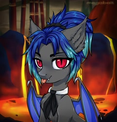 Size: 1931x2000 | Tagged: safe, artist:megabait, imported from derpibooru, oc, bat pony, demon, pony, bat wings, bust, female, hell, lava, portrait, wings