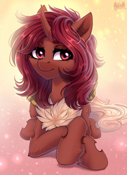 Size: 2300x3182 | Tagged: safe, artist:hakaina, imported from derpibooru, oc, oc only, oc:flechette, changeling, insect, moth, mothling, original species, pony, crossed hooves, high res, looking at you, red changeling, simple background, smiling, smiling at you, species swap