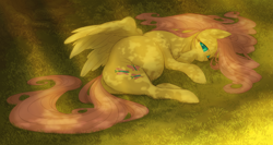 Size: 11093x5894 | Tagged: safe, artist:snspony, imported from derpibooru, fluttershy, sunbeam, pegasus, pony, belly, big belly, cute, dappled sunlight, female, grass, looking at you, lying down, mare, outdoors, preggoshy, pregnant, shyabetes, smiling, solo