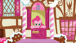 Size: 1280x720 | Tagged: safe, artist:drud14, imported from derpibooru, pinkie pie, earth pony, pony, angry, closed, doorway, game, get out, green eyes, implied changeling, implied chrysalis, pink tac toe, semi-grimdark source, show accurate, sign, sugarcube corner