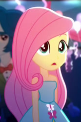 Size: 518x779 | Tagged: safe, imported from derpibooru, screencap, captain planet, fluttershy, eqg summertime shorts, equestria girls, raise this roof, bare shoulders, cropped, cute, shyabetes, sleeveless, solo focus, strapless