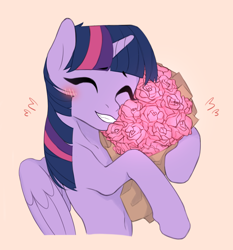 Size: 1736x1860 | Tagged: safe, artist:sannoe, imported from derpibooru, twilight sparkle, alicorn, pony, blushing, bouquet, cute, female, flower, happy, rose, simple background, smiling, solo, solo female, twiabetes, twilight sparkle (alicorn)