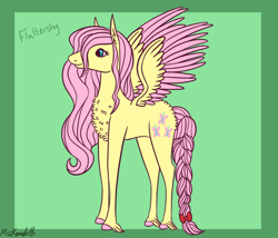 Size: 1750x1500 | Tagged: safe, artist:misskanabelle, imported from derpibooru, fluttershy, pegasus, pony, abstract background, alternate design, braided tail, female, hoof fluff, mare, solo, two toned wings, wings