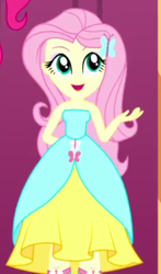 Size: 248x423 | Tagged: safe, imported from derpibooru, screencap, fluttershy, pinkie pie, eqg summertime shorts, equestria girls, make up shake up, bare shoulders, cropped, cute, shyabetes, sleeveless, strapless