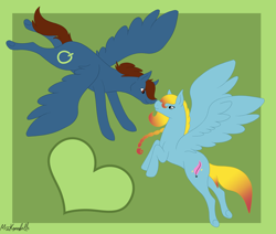 Size: 7227x6128 | Tagged: safe, artist:misskanabelle, imported from derpibooru, oc, oc only, pegasus, pony, abstract background, duo, female, flying, heart, mare, pegasus oc, wings