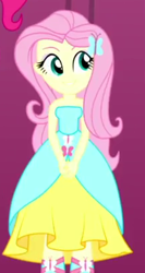 Size: 218x411 | Tagged: safe, imported from derpibooru, screencap, fluttershy, pinkie pie, eqg summertime shorts, equestria girls, make up shake up, bare shoulders, cropped, cute, shyabetes, sleeveless, solo, strapless