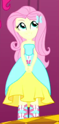 Size: 186x389 | Tagged: safe, imported from derpibooru, screencap, fluttershy, pinkie pie, eqg summertime shorts, equestria girls, make up shake up, bare shoulders, cropped, cute, shyabetes, sleeveless, solo, strapless