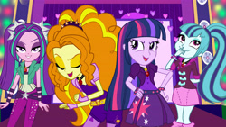 Size: 7000x3938 | Tagged: safe, artist:ktd1993, imported from derpibooru, adagio dazzle, aria blaze, sonata dusk, twilight sparkle, equestria girls, rainbow rocks, disguise, disguised siren, gem, siren gem, the dazzlings