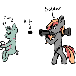 Size: 1500x1500 | Tagged: safe, artist:mlplayer dudez, artist:solder point, imported from derpibooru, oc, oc only, oc:living dead, oc:solder point, earth pony, pony, undead, zombie, bipedal, confused, drawing, drawing tablet, duo, ear fluff, rocket launcher, silly, sitting, sketch, standing, standing on two hooves