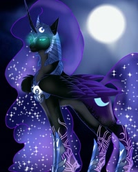 Size: 768x960 | Tagged: safe, artist:_goddesskatie_, imported from derpibooru, nightmare moon, alicorn, pony, bedroom eyes, bust, eyelashes, female, full moon, glowing eyes, helmet, hoof shoes, horn, mare, moon, outdoors, solo, wings