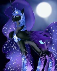 Size: 768x960 | Tagged: safe, alternate version, artist:_goddesskatie_, imported from derpibooru, nightmare moon, alicorn, pony, bedroom eyes, bust, eyelashes, female, full moon, helmet, hoof shoes, horn, mare, moon, outdoors, solo, wings