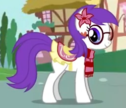 Size: 256x219 | Tagged: safe, imported from derpibooru, oc, oc:milly, earth pony, pony, adventures in ponyville, clothes, flower, flower in hair, game, glasses, heart, looking at you, ponyville, saddle, scarf, smiling, tack