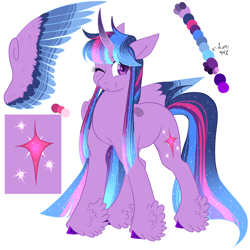 Size: 3000x3000 | Tagged: safe, artist:gingygin, imported from derpibooru, twilight sparkle, alicorn, pony, alternate design, colored wings, feathered fetlocks, high res, multicolored wings, one eye closed, solo, twilight sparkle (alicorn), wings, wink