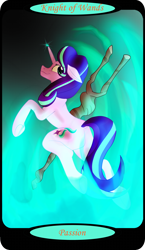 Size: 1500x2591 | Tagged: safe, artist:sixes&sevens, imported from derpibooru, starlight glimmer, pony, unicorn, egalitarianism, female, fire, knight of wands, magic, minor arcana, solo, staff, staff of sameness, tarot card